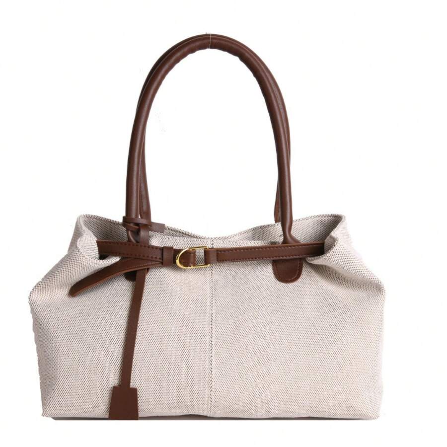 Canvas Tote Bag Large Capacity Women Commuter Shoulder Handbag With Contrast PU Leather Handle Adjustable Buckle Design Lightweight Work College Casual Satchel Travel Beach Top-Handle Shopping Everyda
