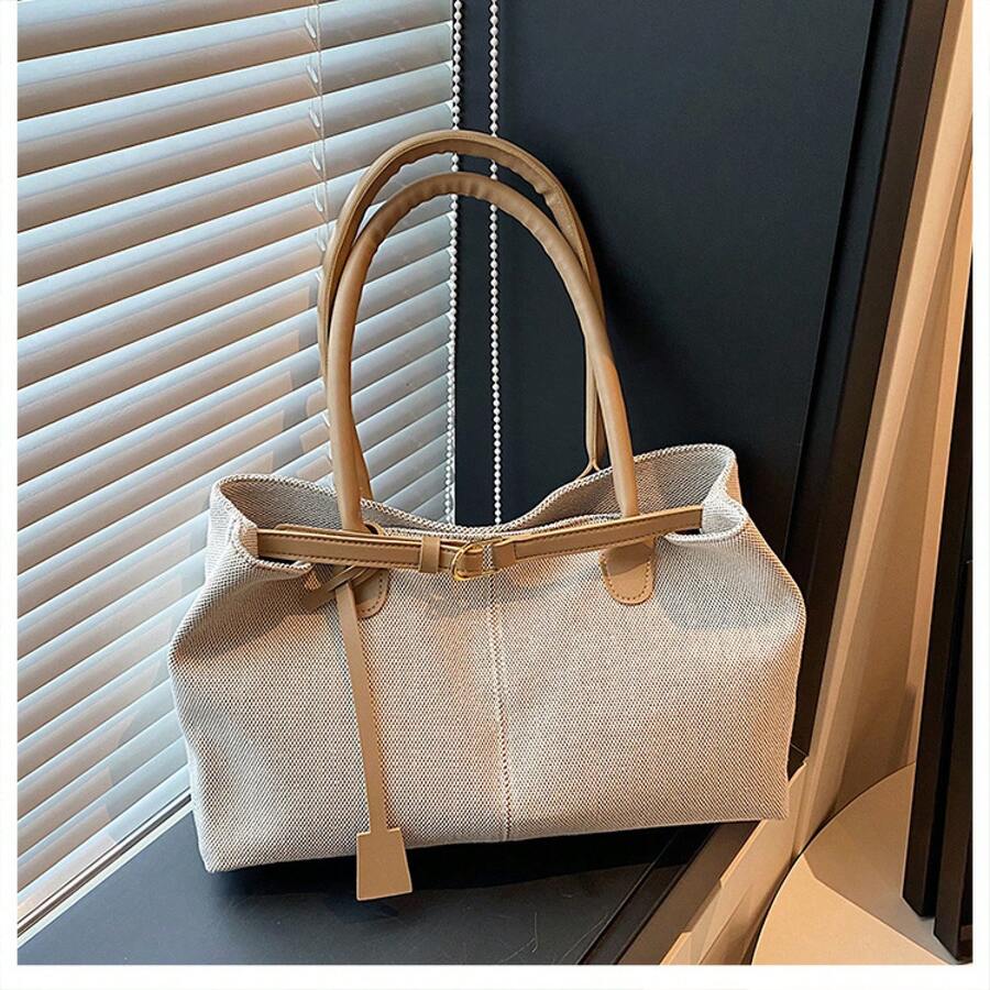 Canvas Tote Bag Large Capacity Women Commuter Shoulder Handbag With Contrast PU Leather Handle Adjustable Buckle Design Lightweight Work College Casual Satchel Travel Beach Top-Handle Shopping Everyda