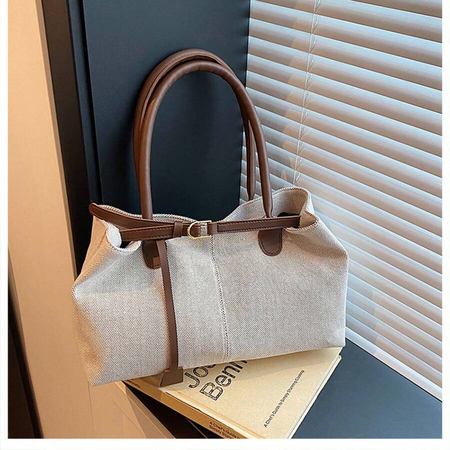 Canvas Tote Bag Large Capacity Women Commuter Shoulder Handbag With Contrast PU Leather Handle Adjustable Buckle Design Lightweight Work College Casual Satchel Travel Beach Top-Handle Shopping Everyda