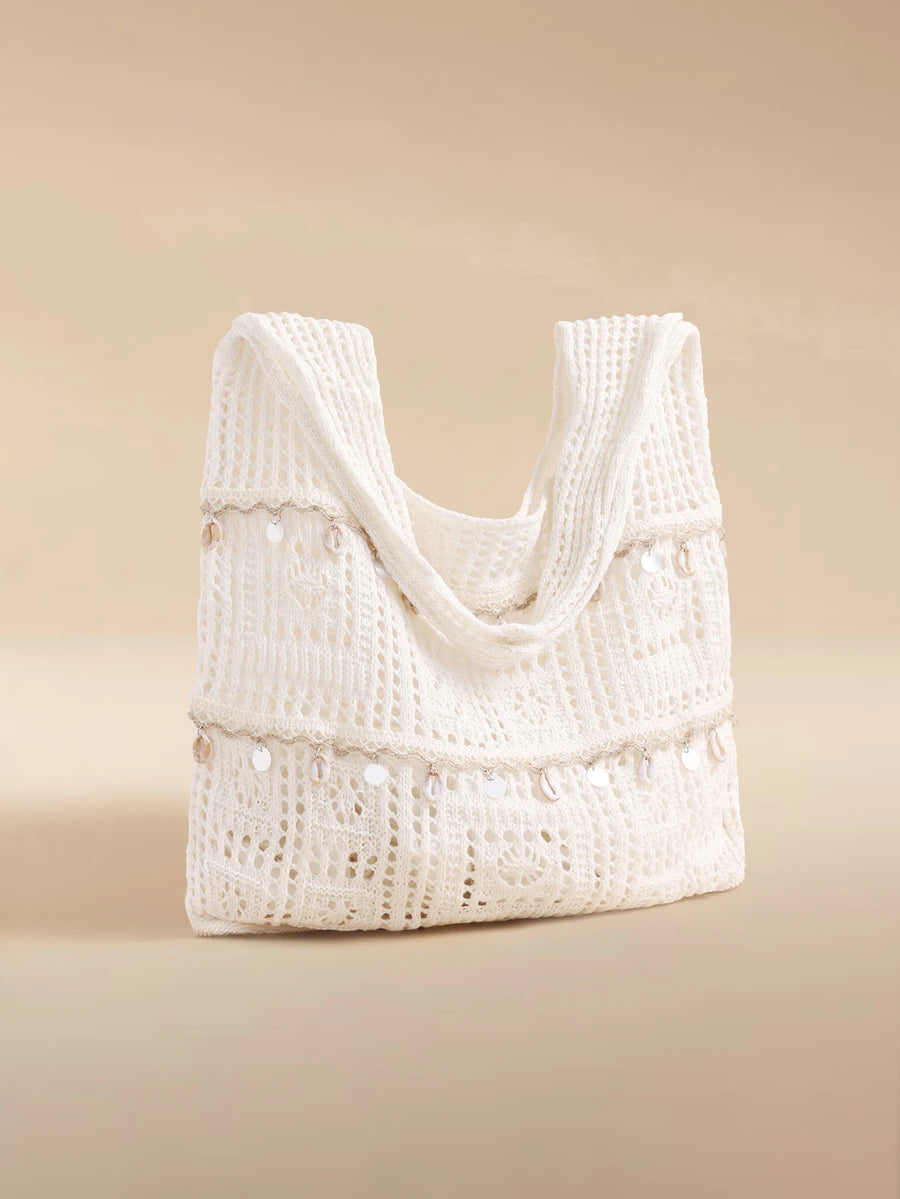 Glizzene This Summer Casual Vacation Ladies Crochet Woven Beach Tote Bag Features A Hollow-Out Design, Large Capacity Foldable Drawstring Bucket Bag, Making It An Ideal Choice For Beach Travel And Rom