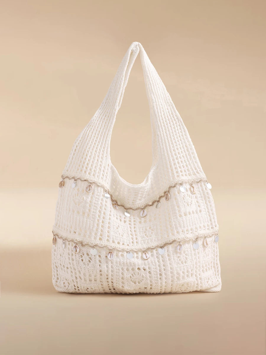 Glizzene This Summer Casual Vacation Ladies Crochet Woven Beach Tote Bag Features A Hollow-Out Design, Large Capacity Foldable Drawstring Bucket Bag, Making It An Ideal Choice For Beach Travel And Rom