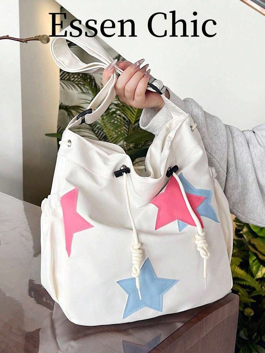 1pc Brown Summer New Printed Letter Decor Large Capacity Nylon Tote Bag Women's Shoulder Crossbody Bag