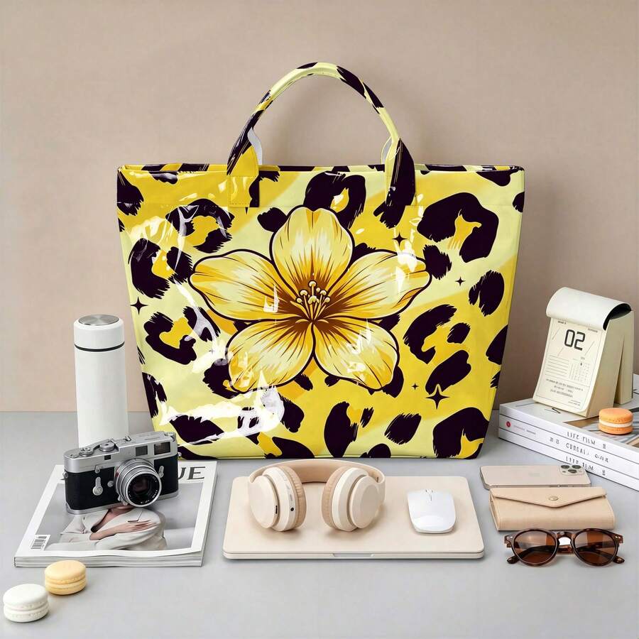 1pc Fashion Women'S Floral Leopard Print Gradient Design Tote Bag, Lightweight Handbag, Multi-Functional Commuter Travel Bag Suitable For Clothing