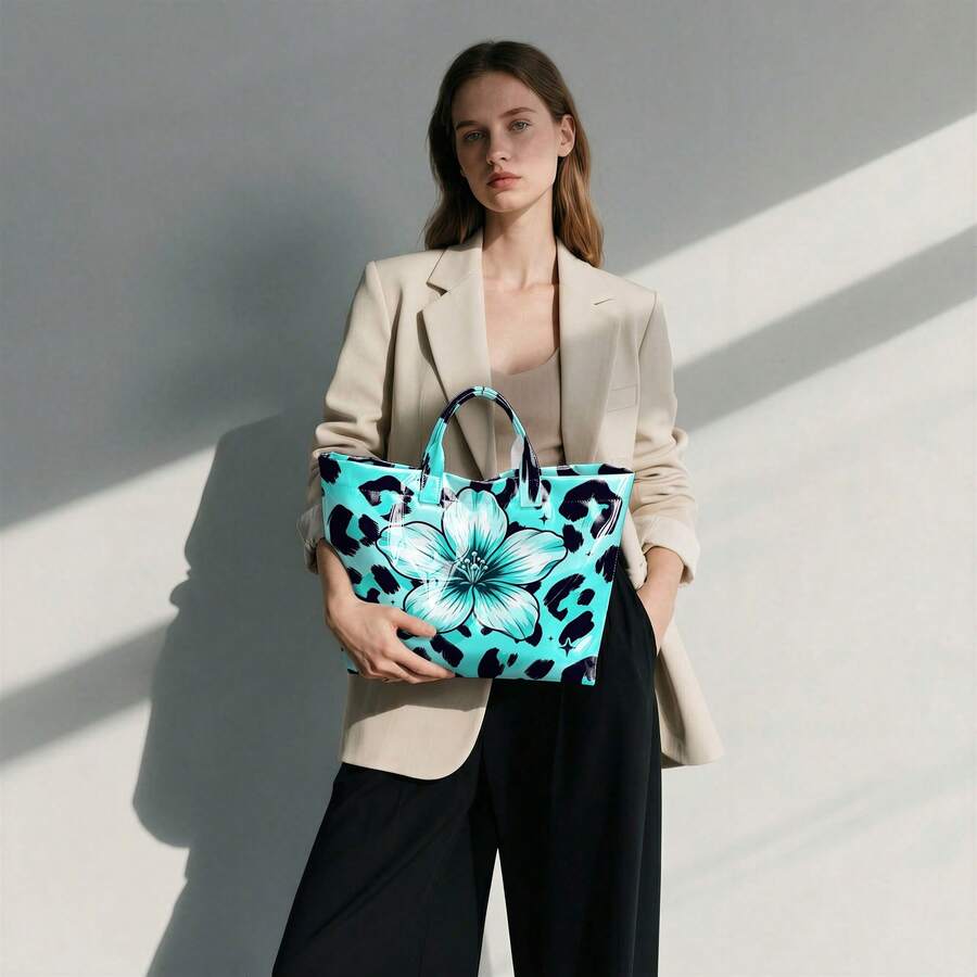 1pc Fashion Women'S Floral Leopard Print Gradient Design Tote Bag, Lightweight Handbag, Multi-Functional Commuter Travel Bag Suitable For Clothing