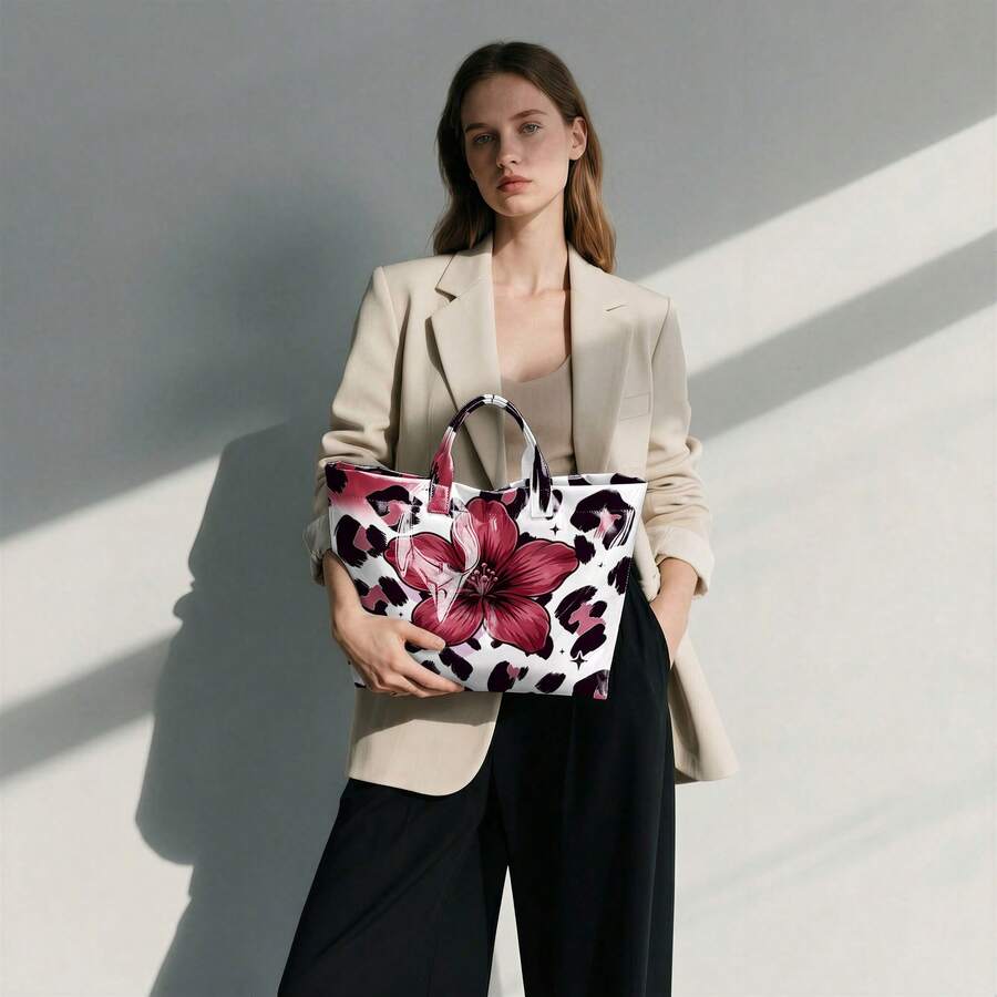 1pc Fashion Women'S Floral Leopard Print Gradient Design Tote Bag, Lightweight Handbag, Multi-Functional Commuter Travel Bag Suitable For Clothing
