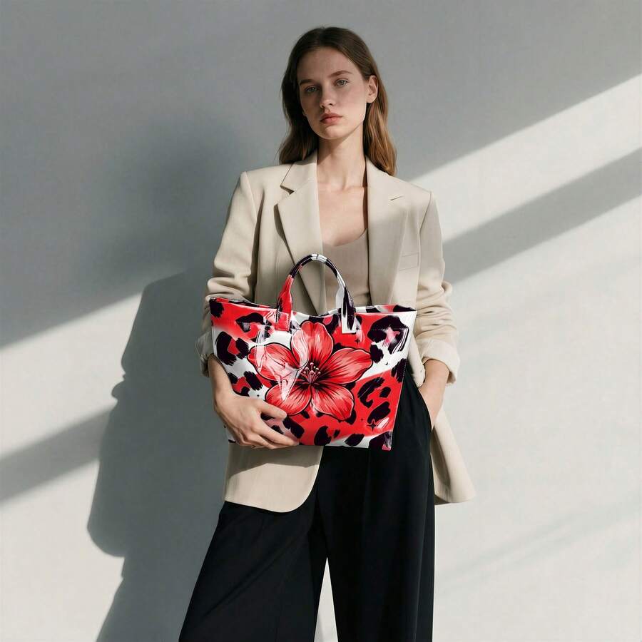 1pc Fashion Women'S Floral Leopard Print Gradient Design Tote Bag, Lightweight Handbag, Multi-Functional Commuter Travel Bag Suitable For Clothing