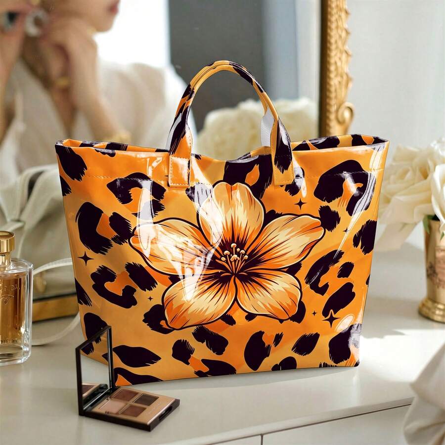 1pc Fashion Women'S Floral Leopard Print Gradient Design Tote Bag, Lightweight Handbag, Multi-Functional Commuter Travel Bag Suitable For Clothing