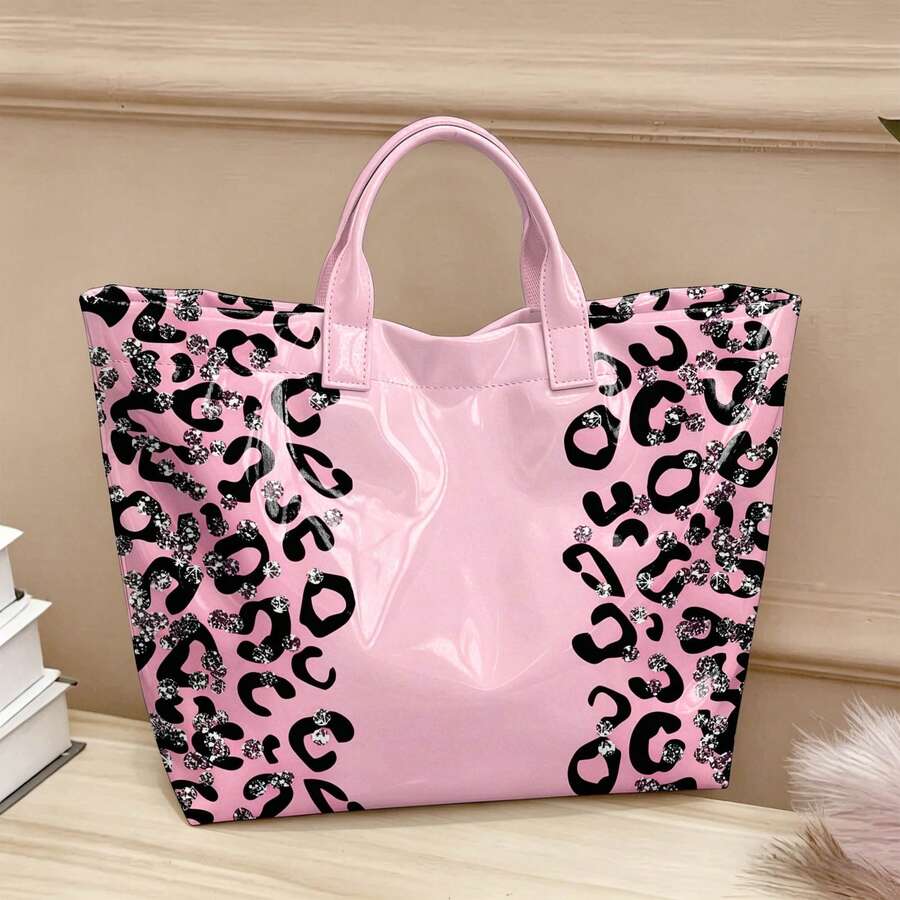 Exquisite Leopard Print Print Women'S PVC Tote Bag, Large Capacity Briefcase, For Commuting, Handbag With Short Handle, Hand Carry Only