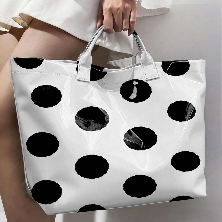 1pc Fashionable PVC Large-Capacity Women'S Tote Bag, Exquisite Daisy Floral And Dots Printed Handbag, Daily Commuting Handbag