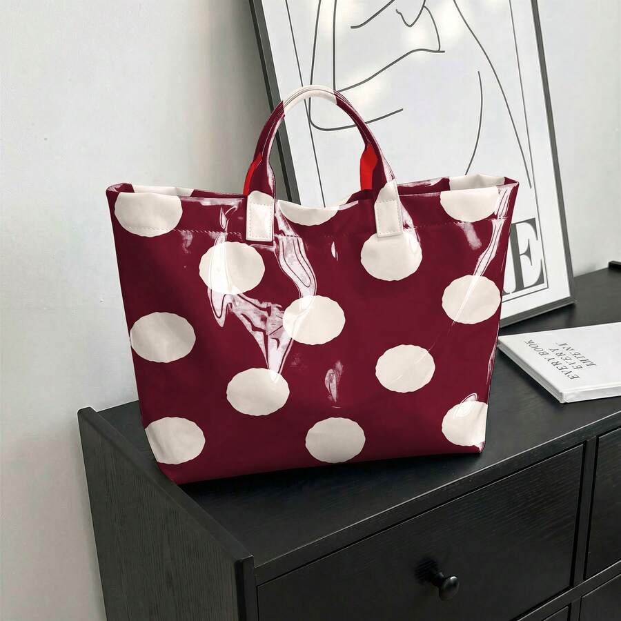 1pc Fashionable PVC Large-Capacity Women'S Tote Bag, Exquisite Daisy Floral And Dots Printed Handbag, Daily Commuting Handbag