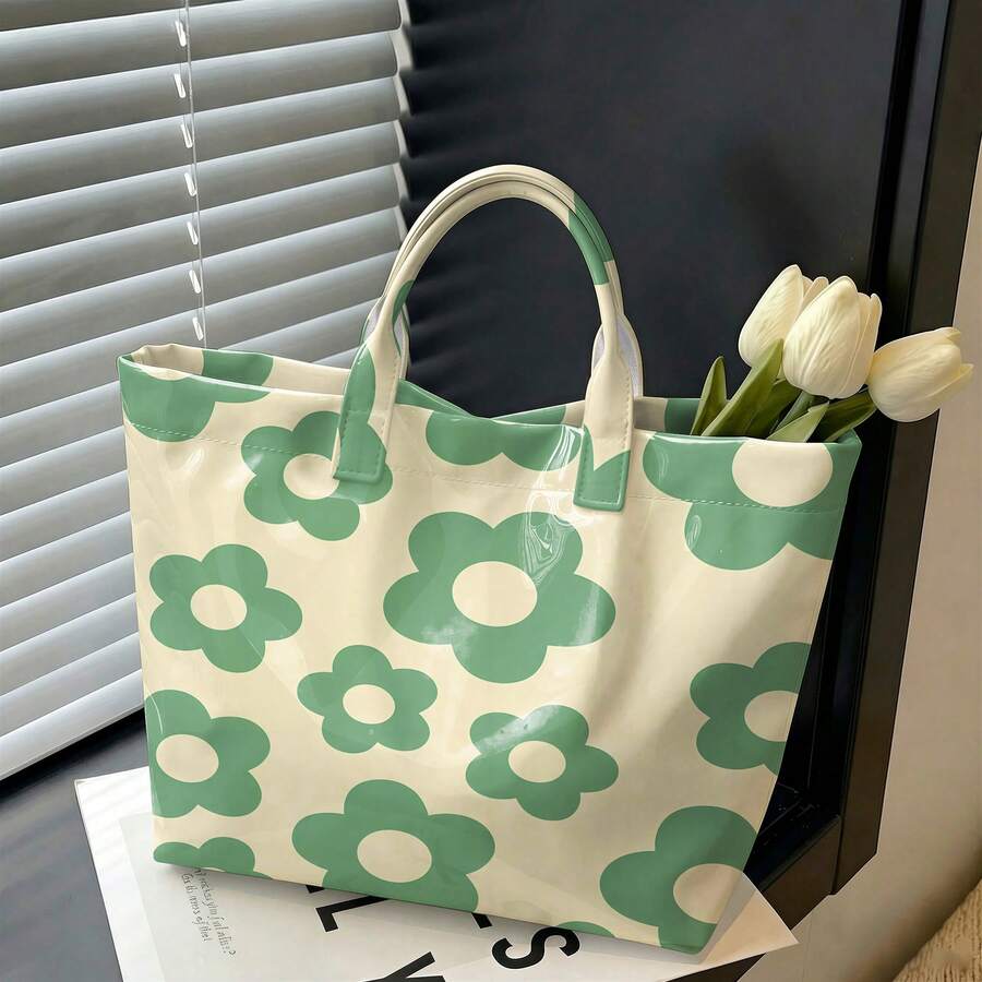 1pc Fashionable PVC Large-Capacity Women'S Tote Bag, Exquisite Daisy Floral And Dots Printed Handbag, Daily Commuting Handbag