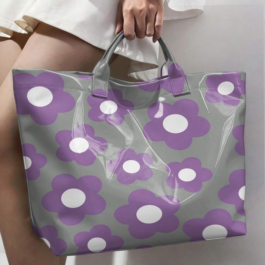 1pc Fashionable PVC Large-Capacity Women'S Tote Bag, Exquisite Daisy Floral And Dots Printed Handbag, Daily Commuting Handbag