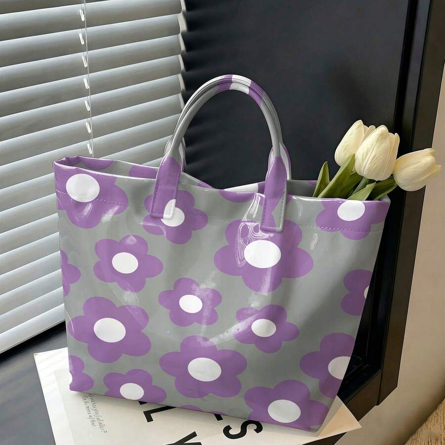 1pc Fashionable PVC Large-Capacity Women'S Tote Bag, Exquisite Daisy Floral And Dots Printed Handbag, Daily Commuting Handbag