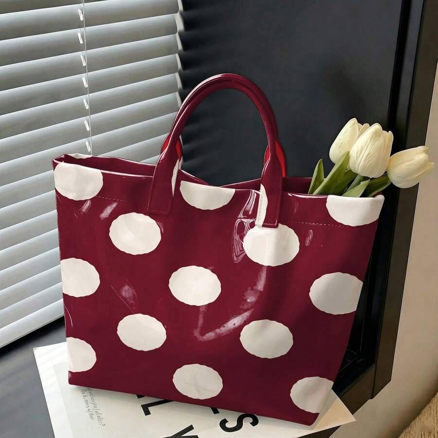 1pc Fashionable PVC Large-Capacity Women'S Tote Bag, Exquisite Daisy Floral And Dots Printed Handbag, Daily Commuting Handbag
