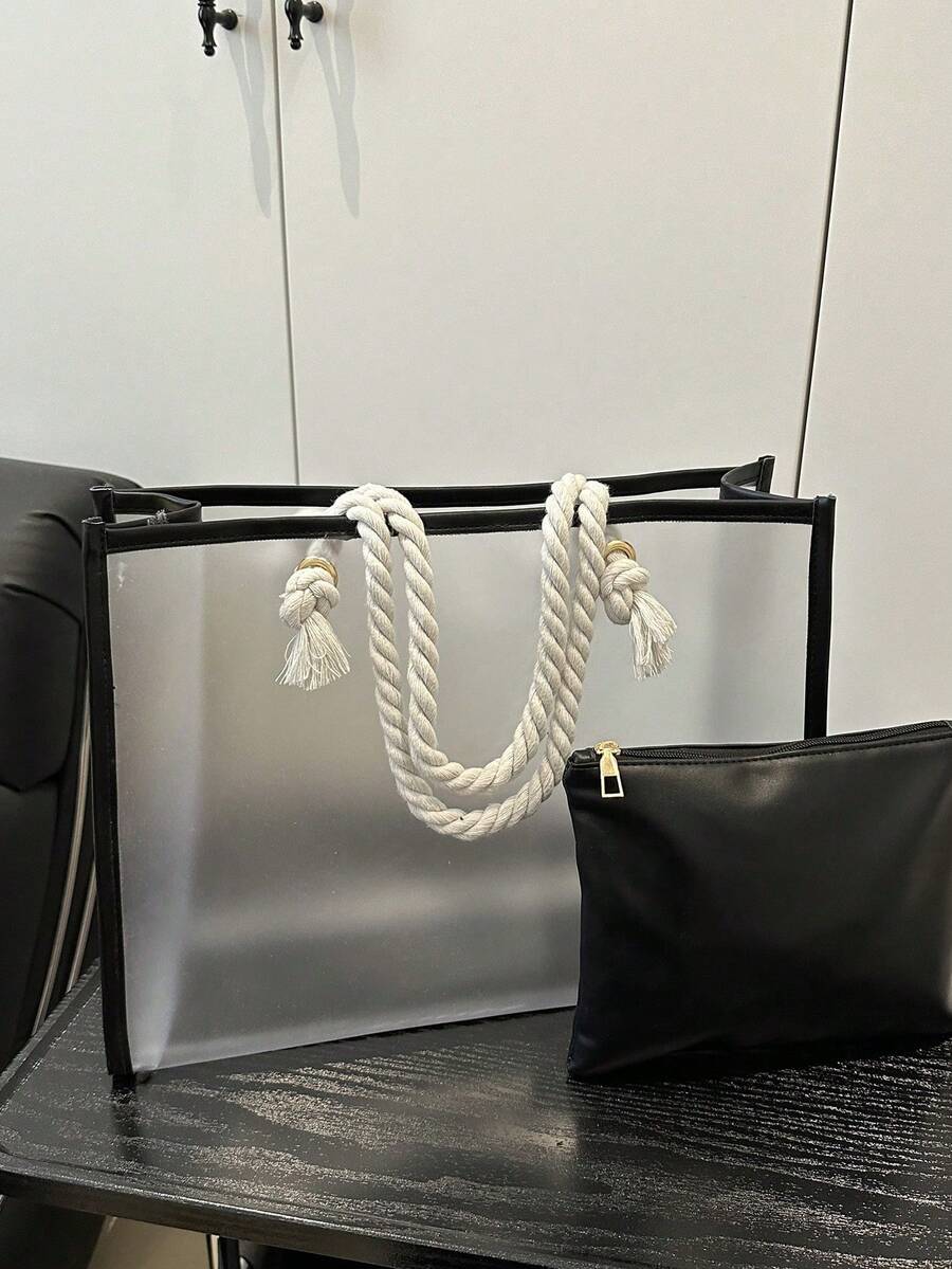 2pcs/Set Fashionable Color Block Transparent Beach Tote Bag For Women