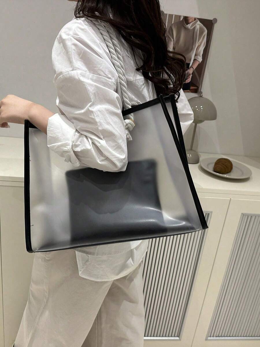 2pcs/Set Fashionable Color Block Transparent Beach Tote Bag For Women