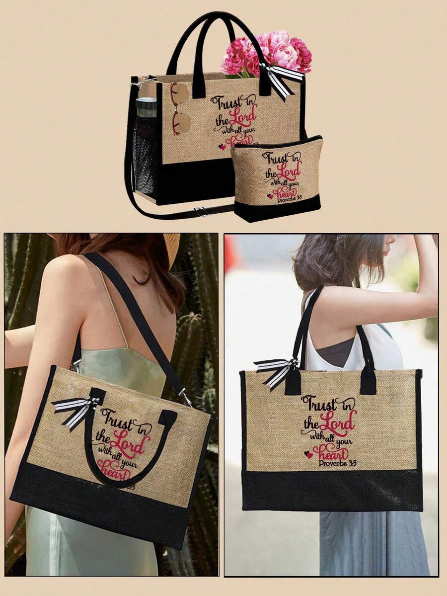 Christian Theme Tote Bag Set, Reusable Printed Women's Tote Bag, Double Handle Large Capacity Shoulder Bag, Casual Shopping Book Bag, Commute School Outdoor Storage Bag, Also Can Be Used As Lunch Bag
