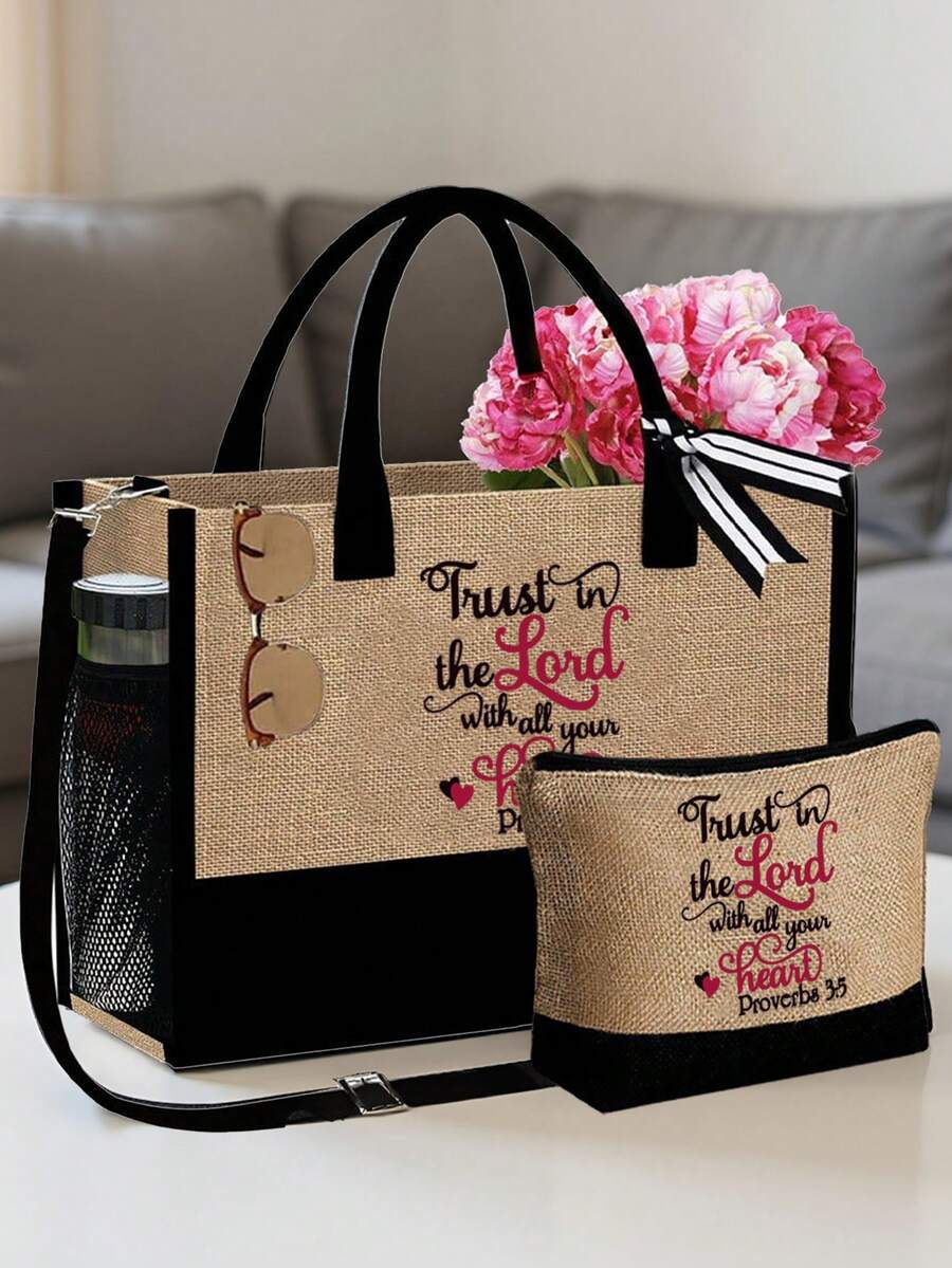 Christian Theme Tote Bag Set, Reusable Printed Women's Tote Bag, Double Handle Large Capacity Shoulder Bag, Casual Shopping Book Bag, Commute School Outdoor Storage Bag, Also Can Be Used As Lunch Bag