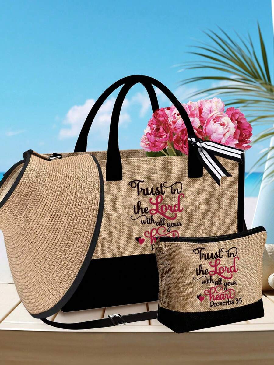 Christian Theme Tote Bag Set, Reusable Printed Women's Tote Bag, Double Handle Large Capacity Shoulder Bag, Casual Shopping Book Bag, Commute School Outdoor Storage Bag, Also Can Be Used As Lunch Bag