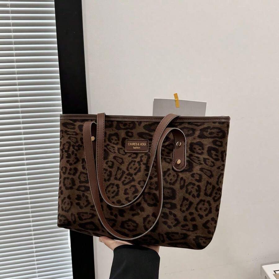 New Women's Vintage Fashion Leopard Print Large Capacity Tote Bag, Zipper Closure, Lightweight Minimalist Shoulder Bag, Suitable For Daily Use