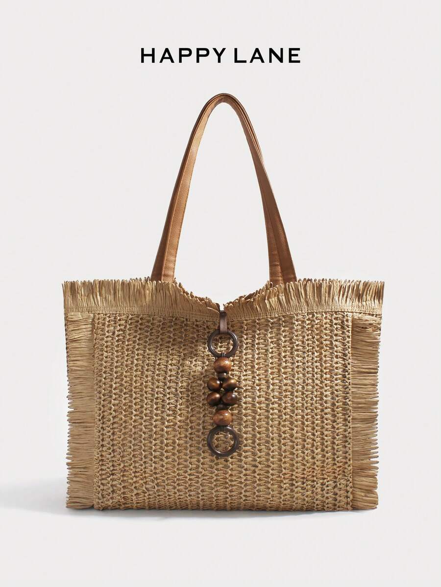 HAPPY LANE Large Capacity Tassel Woven Tote Bag. Niche Design, Large Capacity Tote Bag Shape
