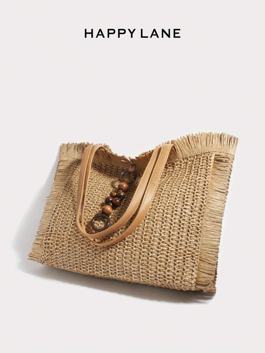 HAPPY LANE Large Capacity Tassel Woven Tote Bag. Niche Design, Large Capacity Tote Bag Shape