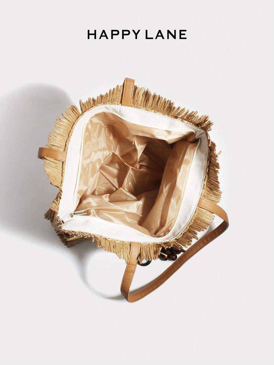 HAPPY LANE Large Capacity Tassel Woven Tote Bag. Niche Design, Large Capacity Tote Bag Shape