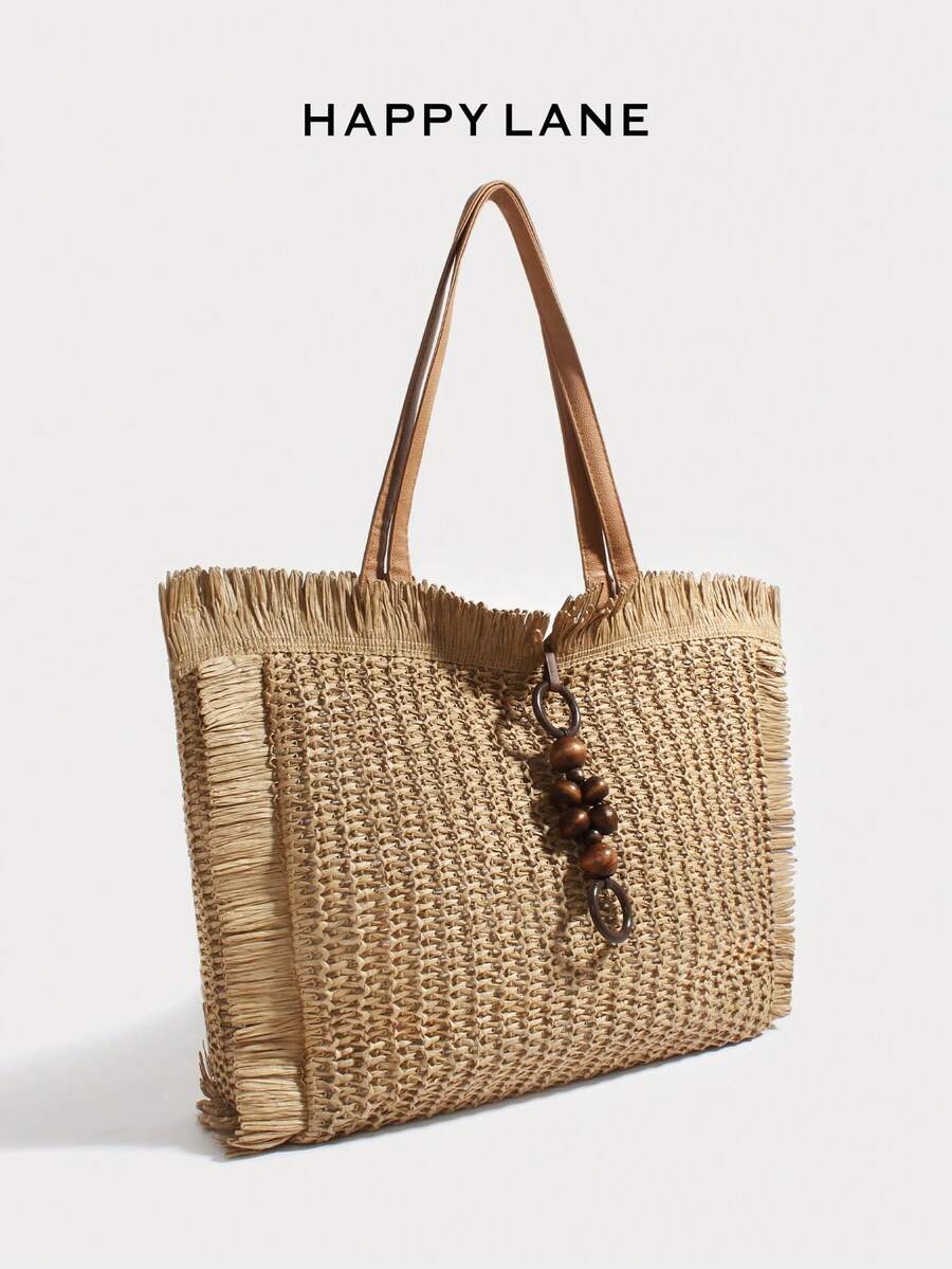 HAPPY LANE Large Capacity Tassel Woven Tote Bag. Niche Design, Large Capacity Tote Bag Shape