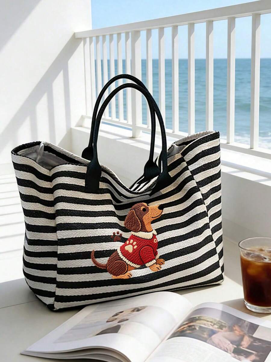 Women's Black And White Striped Dachshund Print Beach Tote Bag, Large Capacity Casual Shoulder Bag, Sand-Proof Beach Travel Bag, Cute Dachshund Print, Store Summer Essentials, Lightweight Reusable Sho
