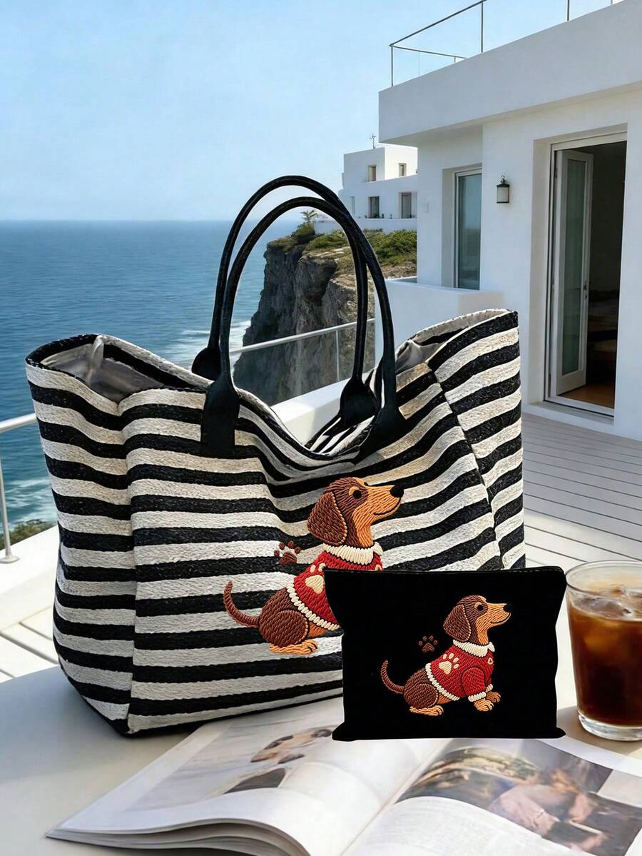 Women's Black And White Striped Dachshund Print Beach Tote Bag, Large Capacity Casual Shoulder Bag, Sand-Proof Beach Travel Bag, Cute Dachshund Print, Store Summer Essentials, Lightweight Reusable Sho