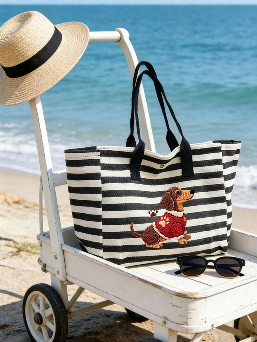Women's Black And White Striped Dachshund Print Beach Tote Bag, Large Capacity Casual Shoulder Bag, Sand-Proof Beach Travel Bag, Cute Dachshund Print, Store Summer Essentials, Lightweight Reusable Sho