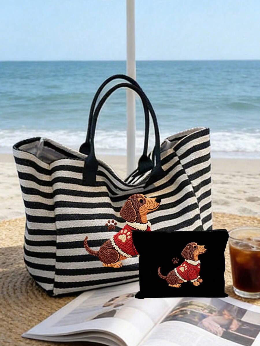Women's Black And White Striped Dachshund Print Beach Tote Bag, Large Capacity Casual Shoulder Bag, Sand-Proof Beach Travel Bag, Cute Dachshund Print, Store Summer Essentials, Lightweight Reusable Sho