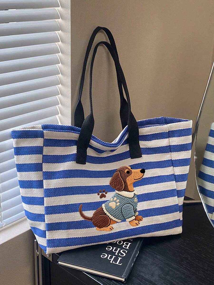 Women's Black And White Striped Dachshund Print Beach Tote Bag, Large Capacity Casual Shoulder Bag, Sand-Proof Beach Travel Bag, Cute Dachshund Print, Store Summer Essentials, Lightweight Reusable Sho
