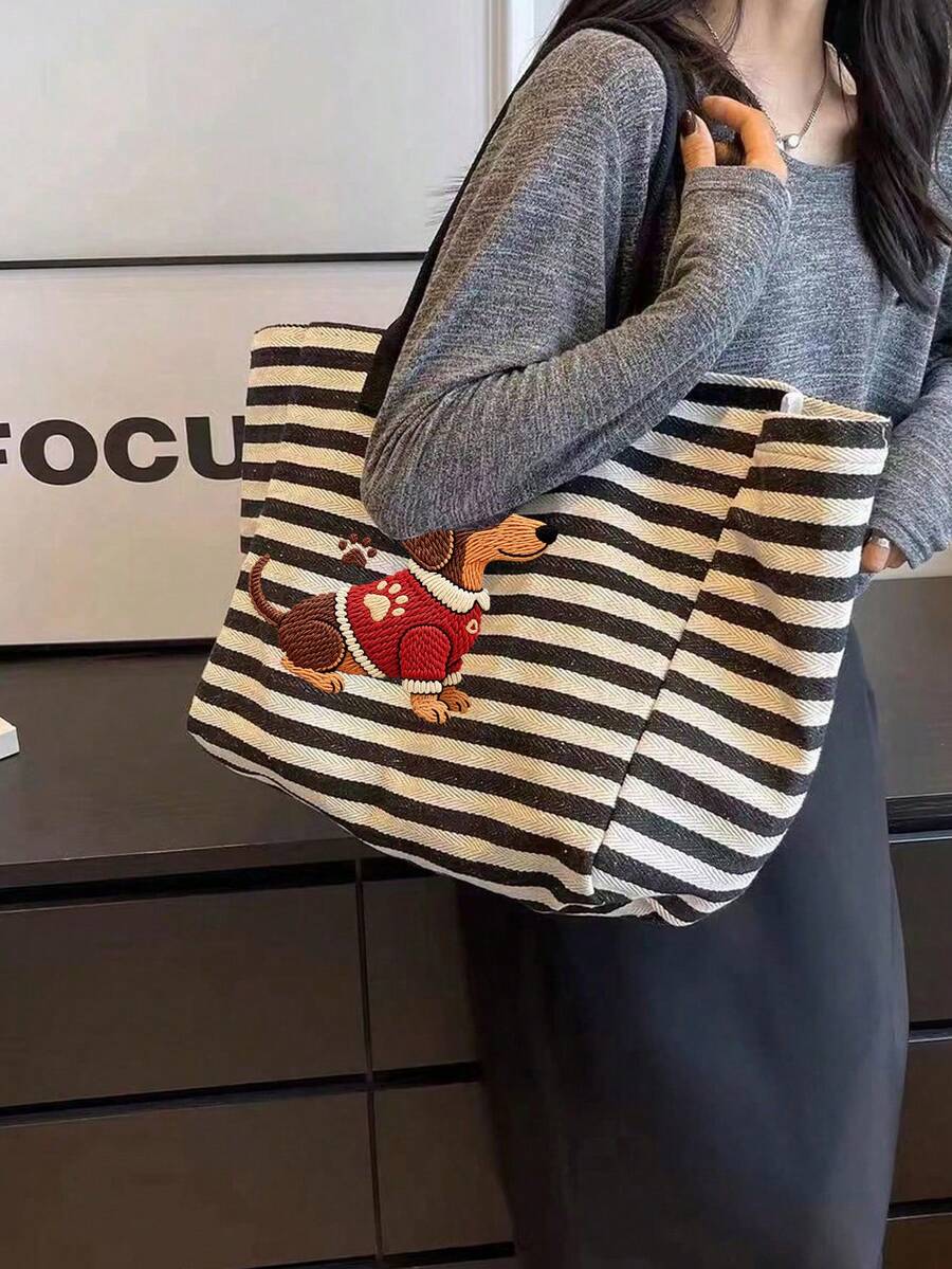 Women's Black And White Striped Dachshund Print Beach Tote Bag, Large Capacity Casual Shoulder Bag, Sand-Proof Beach Travel Bag, Cute Dachshund Print, Store Summer Essentials, Lightweight Reusable Sho