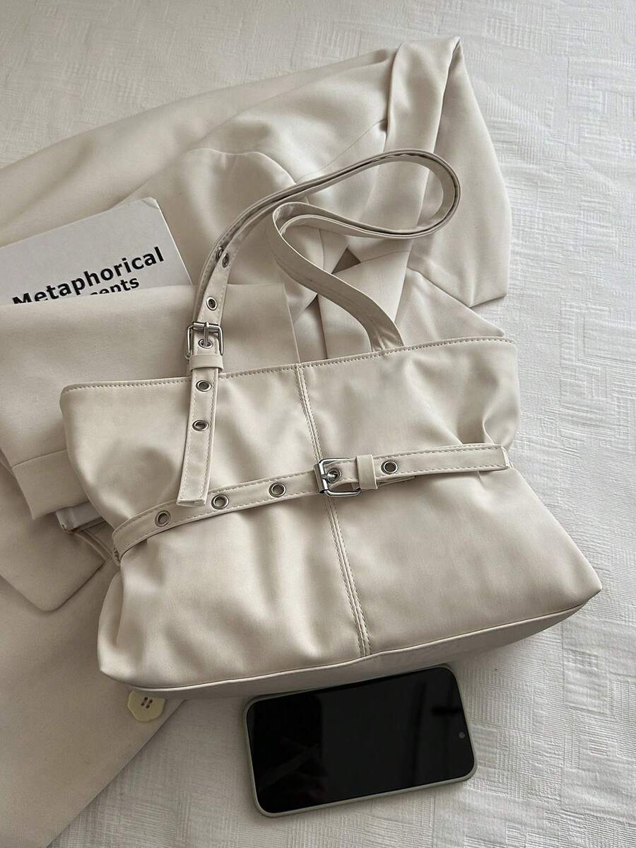 1pc Vintage Large Capacity Tote Bag, Commuter Oversized Underarm Bag, Fashion Motorcycle Handbag, PU Solid Color Oiled Wax Leather, Strap Decor, Zipper Closure, Women's Shoulder Bag For Work, School