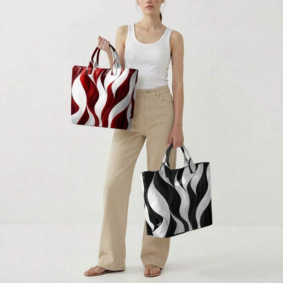 Women's Large Capacity Marble Swirl Tote Bag, Glossy PVC Shoulder Bag, Abstract Wave Print Handbag, Lightweight Durable Tote For Work, School, T Daily