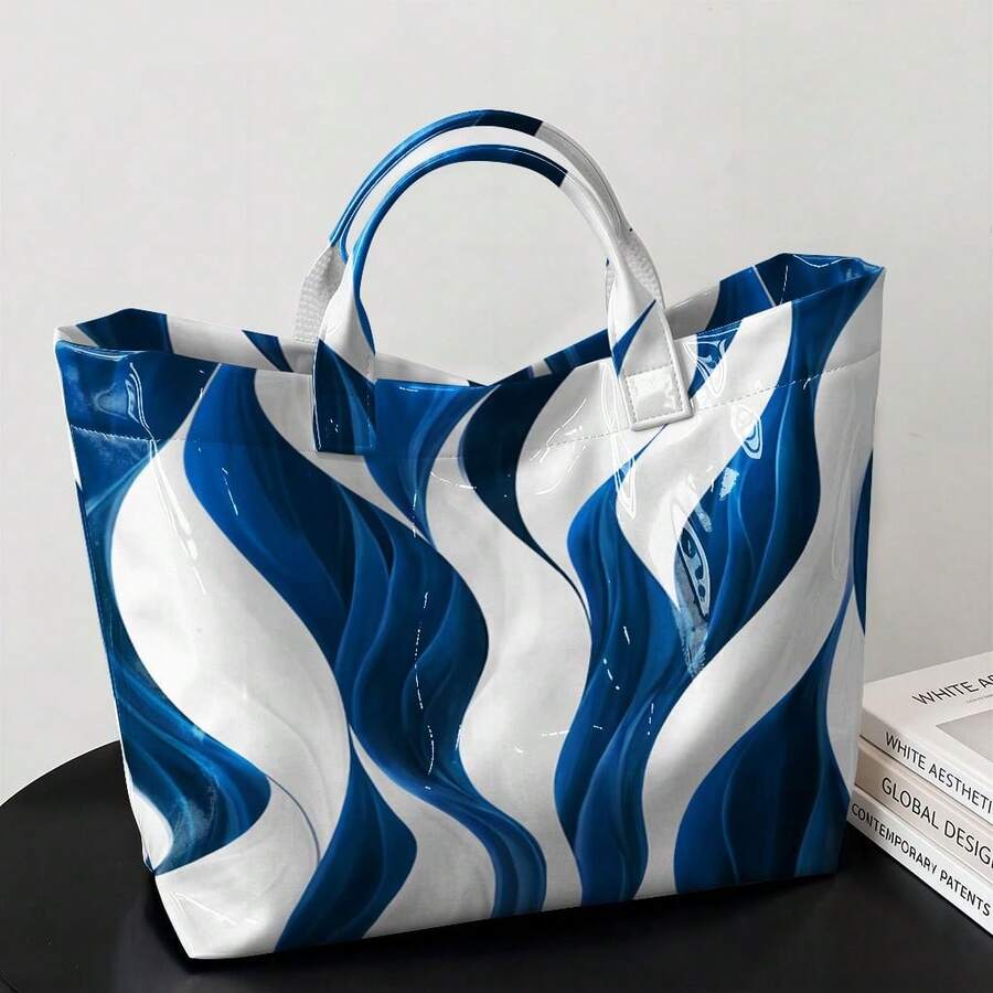 Women's Large Capacity Marble Swirl Tote Bag, Glossy PVC Shoulder Bag, Abstract Wave Print Handbag, Lightweight Durable Tote For Work, School, T Daily