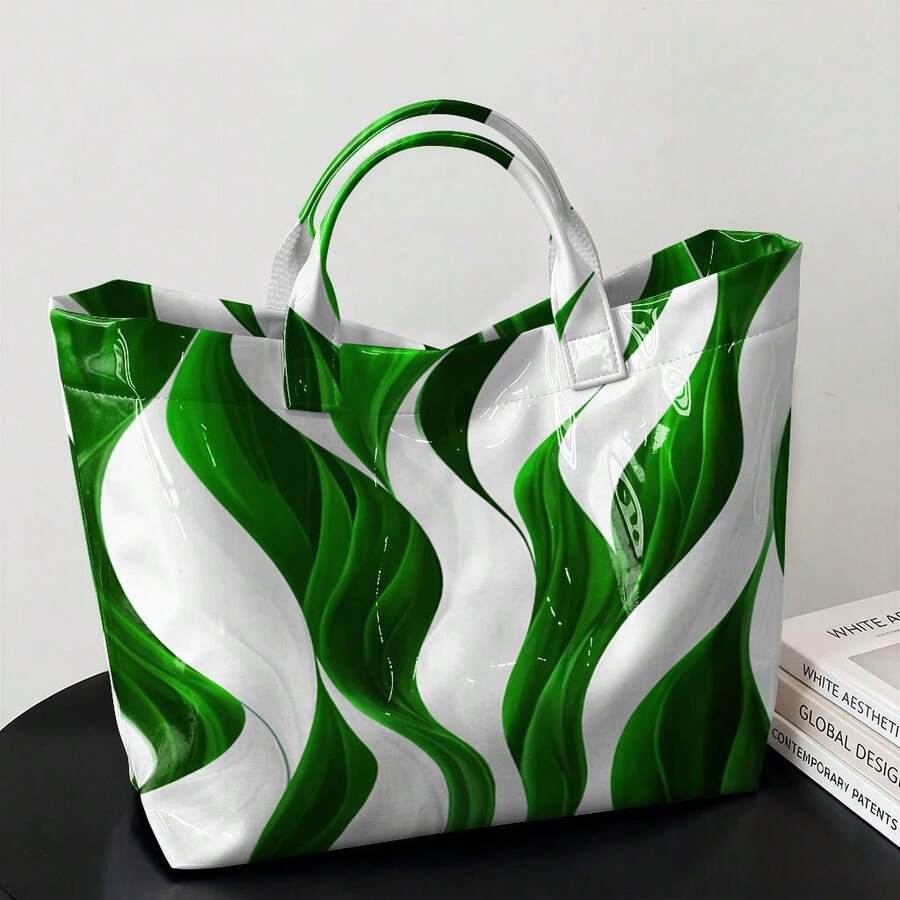 Women's Large Capacity Marble Swirl Tote Bag, Glossy PVC Shoulder Bag, Abstract Wave Print Handbag, Lightweight Durable Tote For Work, School, T Daily