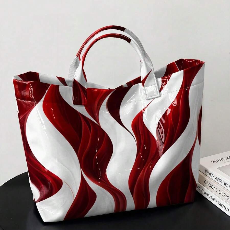 Women's Large Capacity Marble Swirl Tote Bag, Glossy PVC Shoulder Bag, Abstract Wave Print Handbag, Lightweight Durable Tote For Work, School, T Daily