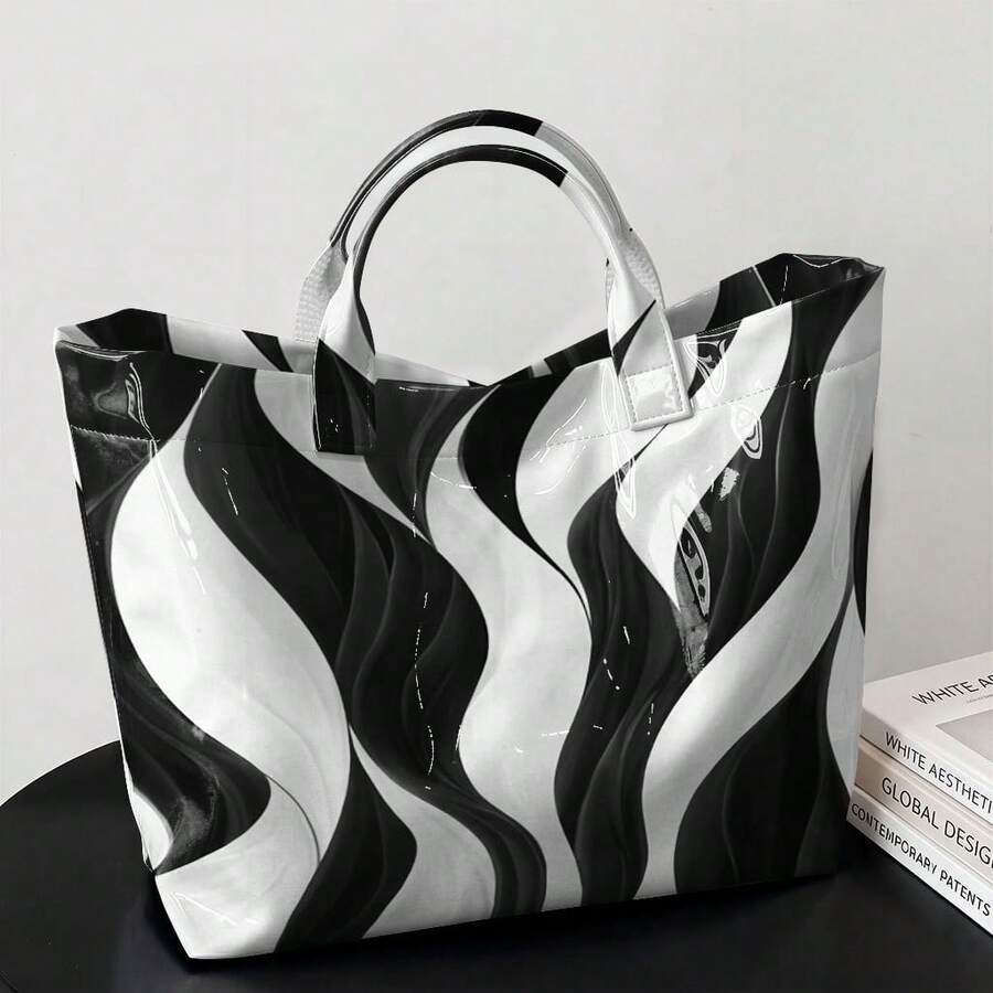 Women's Large Capacity Marble Swirl Tote Bag, Glossy PVC Shoulder Bag, Abstract Wave Print Handbag, Lightweight Durable Tote For Work, School, T Daily