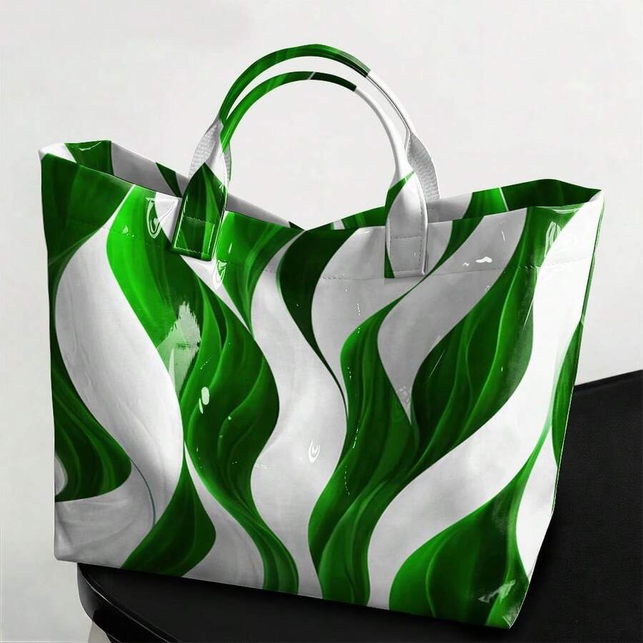 Women's Large Capacity Marble Swirl Tote Bag, Glossy PVC Shoulder Bag, Abstract Wave Print Handbag, Lightweight Durable Tote For Work, School, T Daily