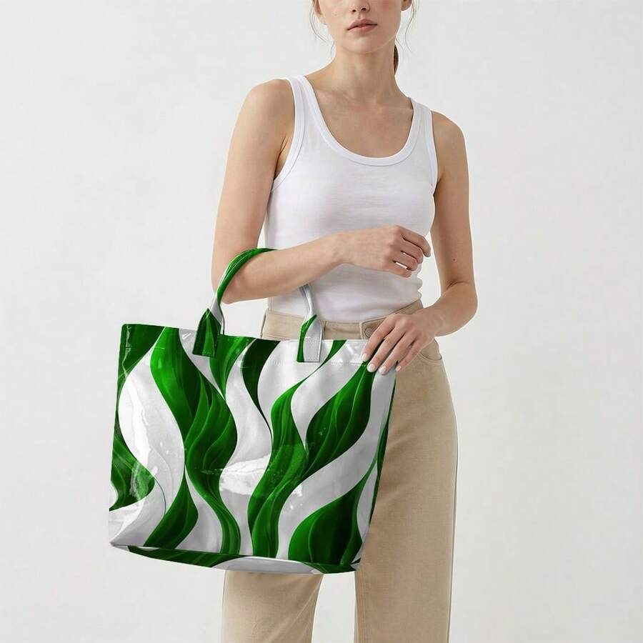 Women's Large Capacity Marble Swirl Tote Bag, Glossy PVC Shoulder Bag, Abstract Wave Print Handbag, Lightweight Durable Tote For Work, School, T Daily