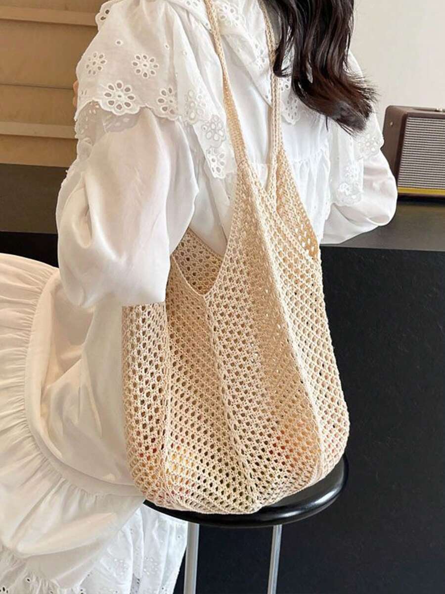 Yogodlns Women's Hollow Woven Crochet Shoulder Bag, Large Capacity Knitted Tote Handbag Beach Bag