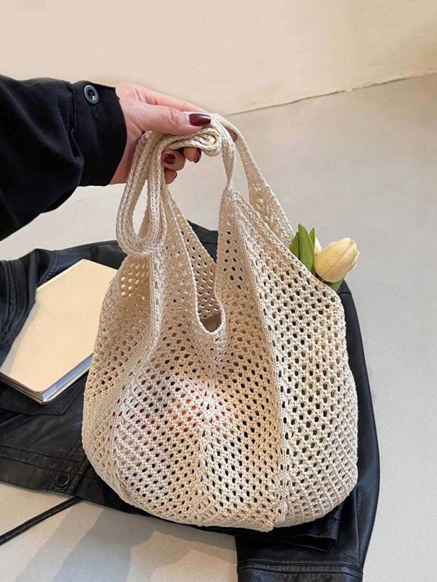 Yogodlns Women's Hollow Woven Crochet Shoulder Bag, Large Capacity Knitted Tote Handbag Beach Bag