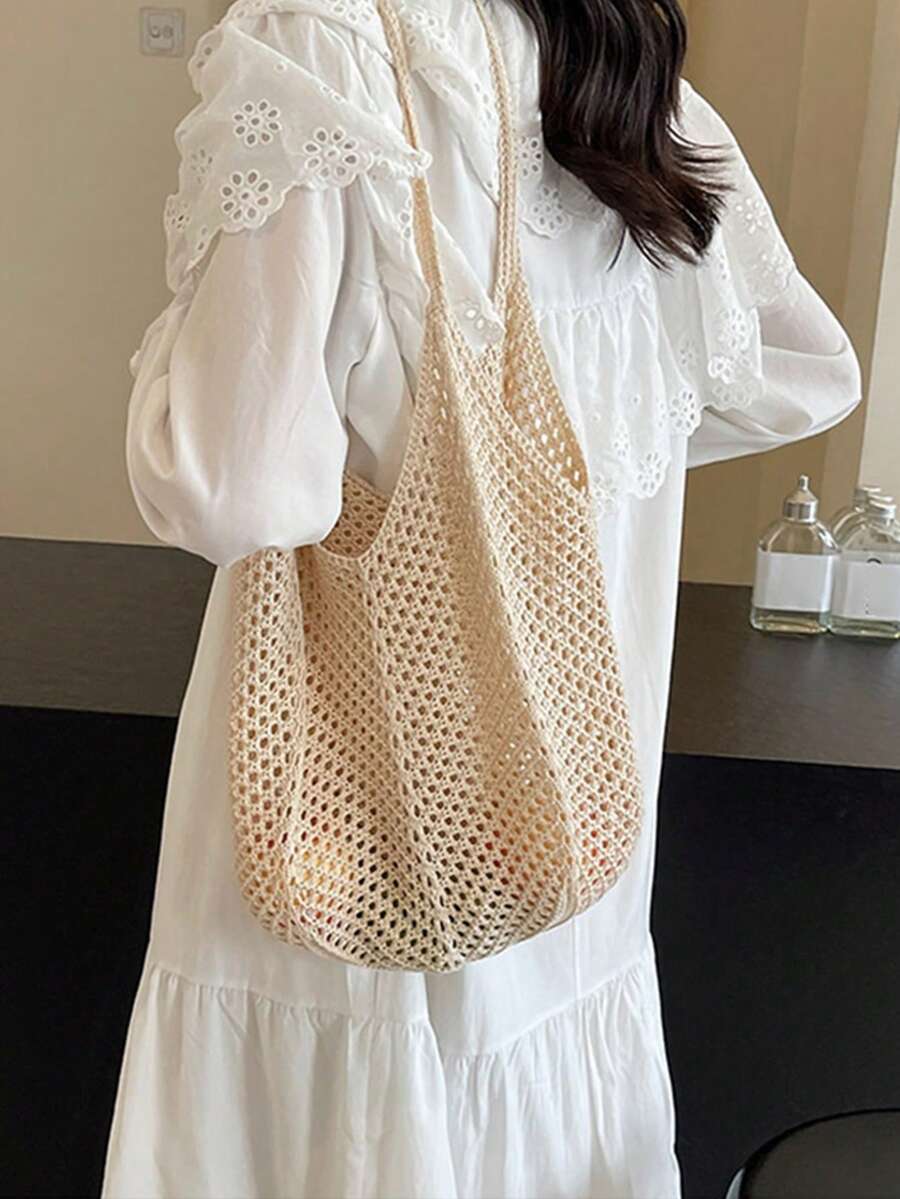 Yogodlns Women's Hollow Woven Crochet Shoulder Bag, Large Capacity Knitted Tote Handbag Beach Bag