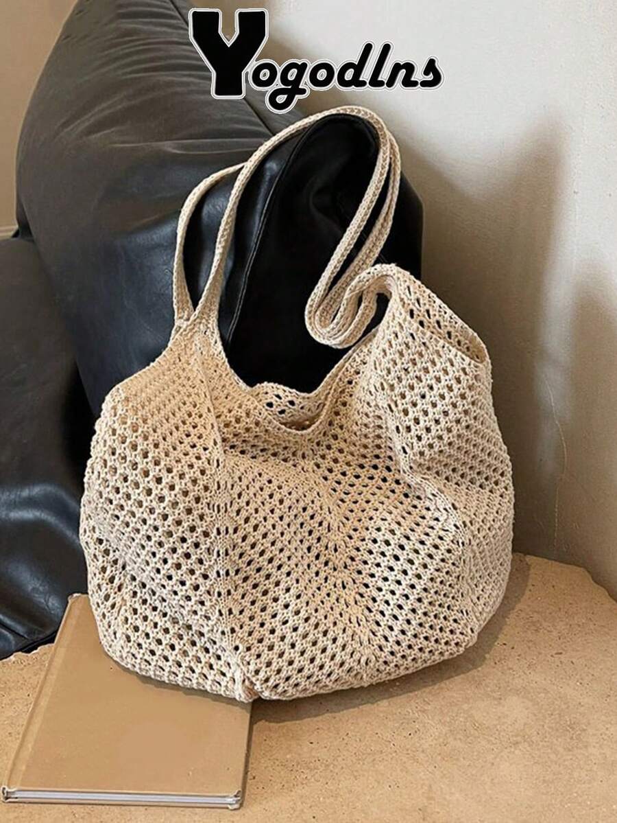 Yogodlns Women's Hollow Woven Crochet Shoulder Bag, Large Capacity Knitted Tote Handbag Beach Bag