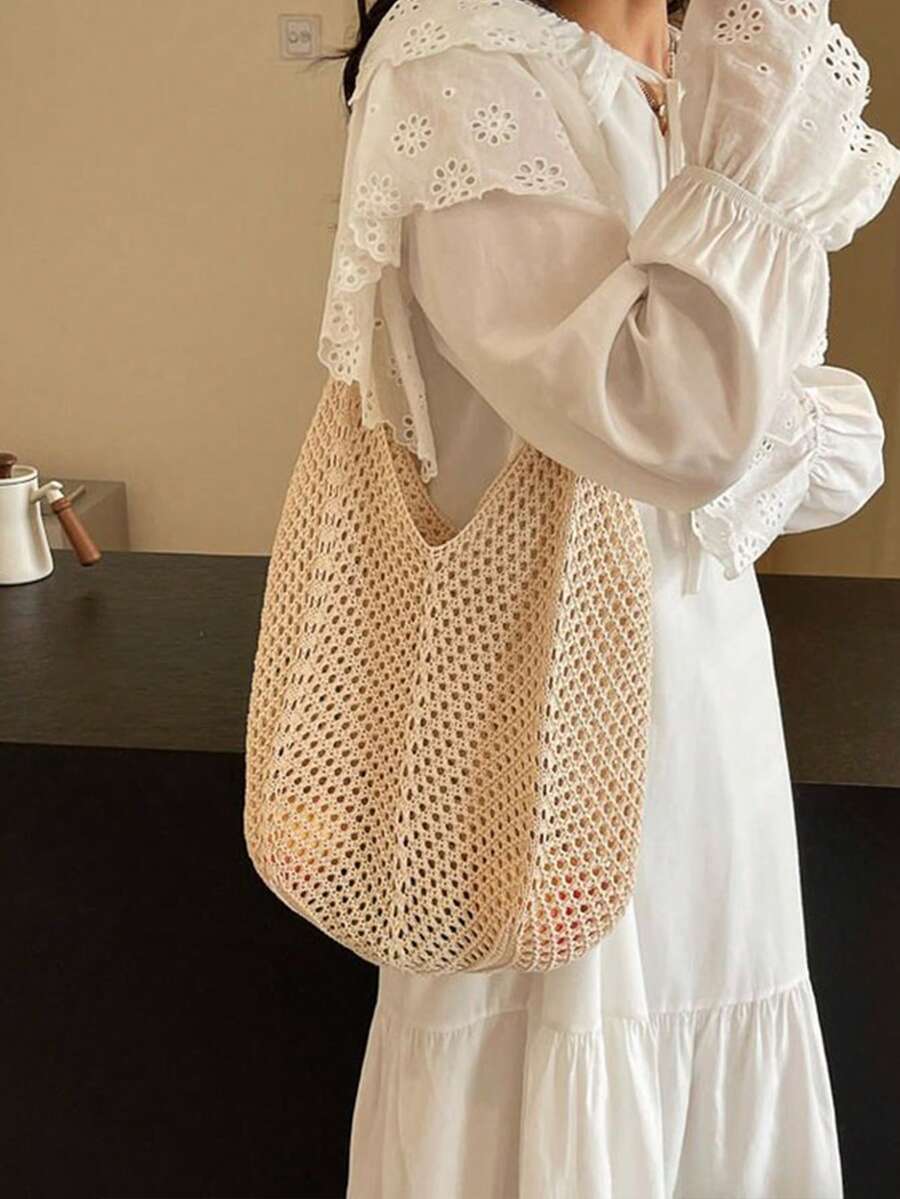 Yogodlns Women's Hollow Woven Crochet Shoulder Bag, Large Capacity Knitted Tote Handbag Beach Bag