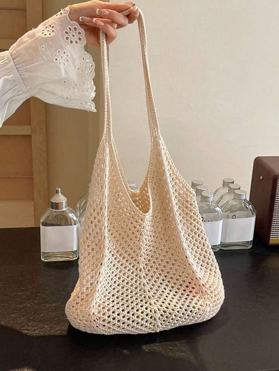 Yogodlns Women's Hollow Woven Crochet Shoulder Bag, Large Capacity Knitted Tote Handbag Beach Bag