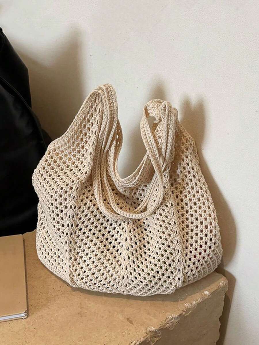 Yogodlns Women's Hollow Woven Crochet Shoulder Bag, Large Capacity Knitted Tote Handbag Beach Bag