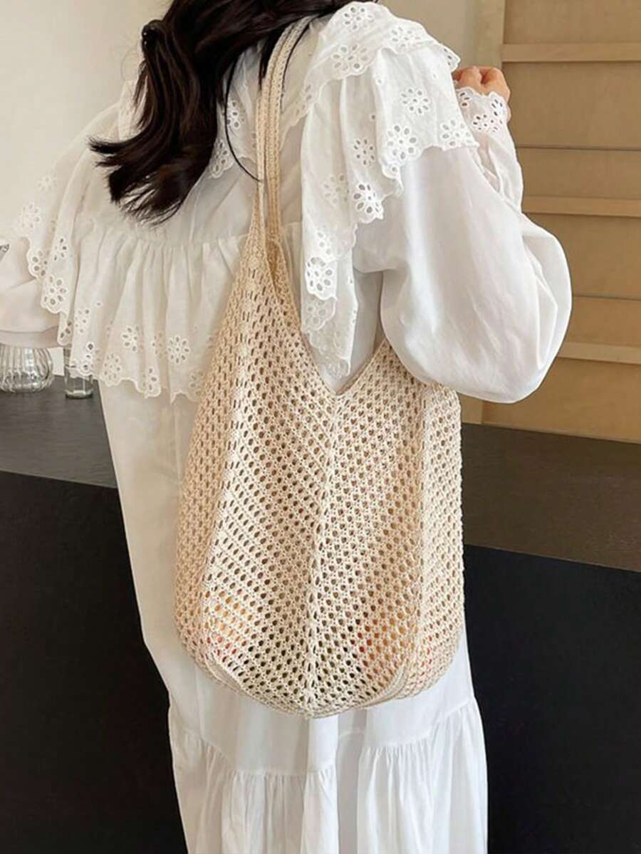 Yogodlns Women's Hollow Woven Crochet Shoulder Bag, Large Capacity Knitted Tote Handbag Beach Bag